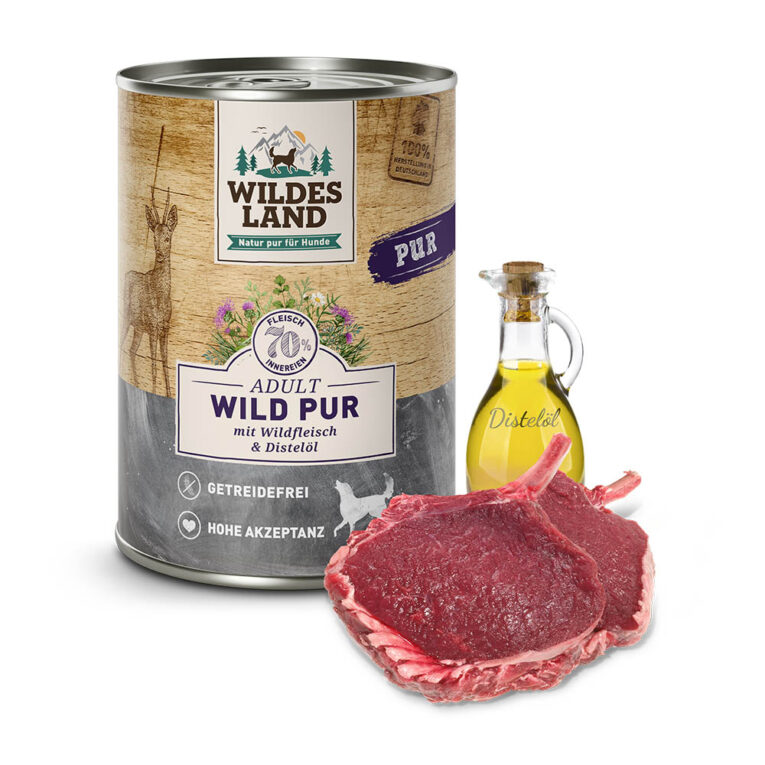 Wildes Land - Nassfutter - Wild PUR mit Distelöl 6 x 400 g Für das Wohlbefinden Ihres Hundes ist eine ausgewogene Ernährung unerlässlich. Das Wildes Land Nassfutter Wild PUR mit Distelöl versorgt Ihren Hund mit allen wichtigen Nährstoffen und ist zudem äußerst schmackhaft. Dieses Nassfutter aus hochwertigen Rohstoffen und Zutaten beinhaltet viel frisches Wildfleisch. Neben Körpermuskelfleisch wird auch Herzmuskel verarbeitet