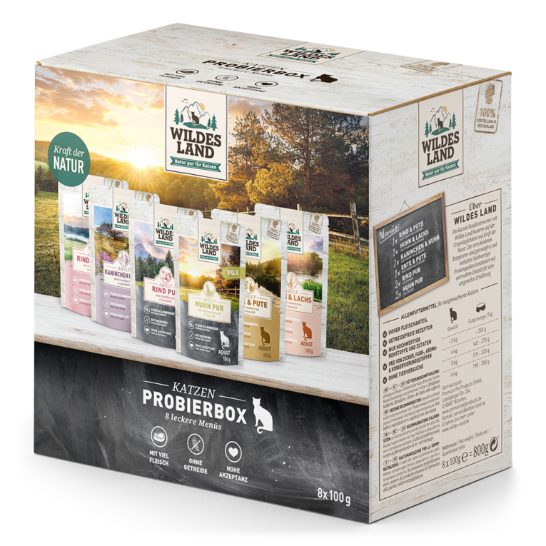 Wildes Land - Nassfutter - Pouch Probierbox Die praktische Probierbox von Wildes Land enthält 8 x 100g Nassfutter Pouches. Die Nassfuttervariationen von Wildes Land sind schmackhafte und nährstoffreiche Mahlzeiten aus puren