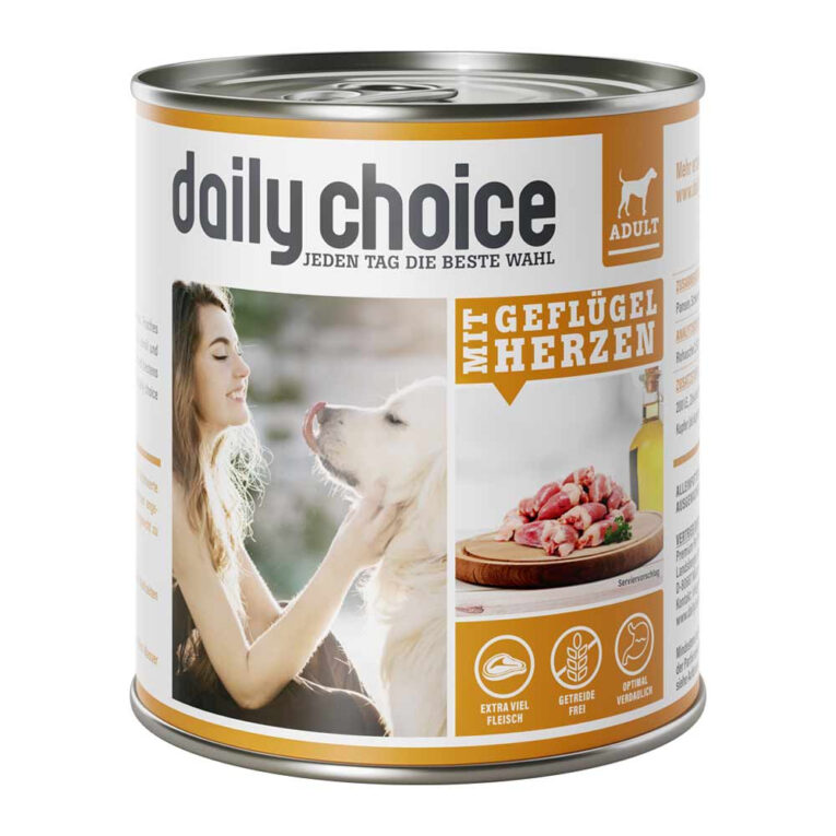 daily choice - Nassfutter - Mit Geflügelherzen (getreidefrei)      Das Nassfutter mit Geflügelherzen von daily choice im Überblick:    * 100% in Deutschland hergestellt  * Enthält Leinöl mit Omega-3 Fettsäuren  * Mit 30% Geflügelherzen  * Unterstützung der Abwehrkräfte  * Hoher Fleischanteil  * Getreidefreie Rezeptur  * Optimale Verträglichkeit  * Ohne Tierversuche  * Ohne Zucker