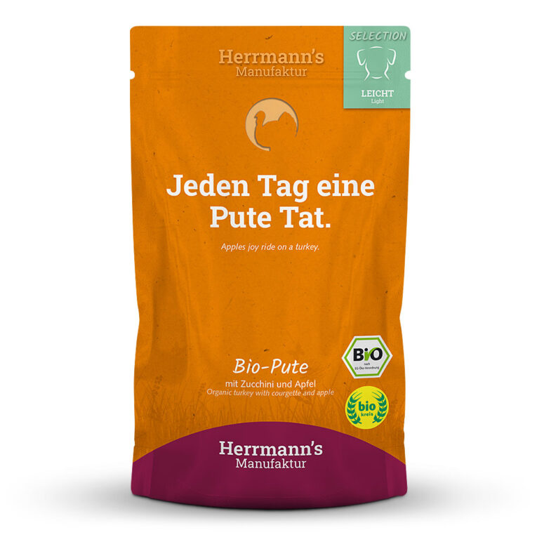Bio Pute mit Zucchini und Apfel Alleinfuttermittel für ausgewachsene Hunde Was ist drin? 50 % Bio-Pute