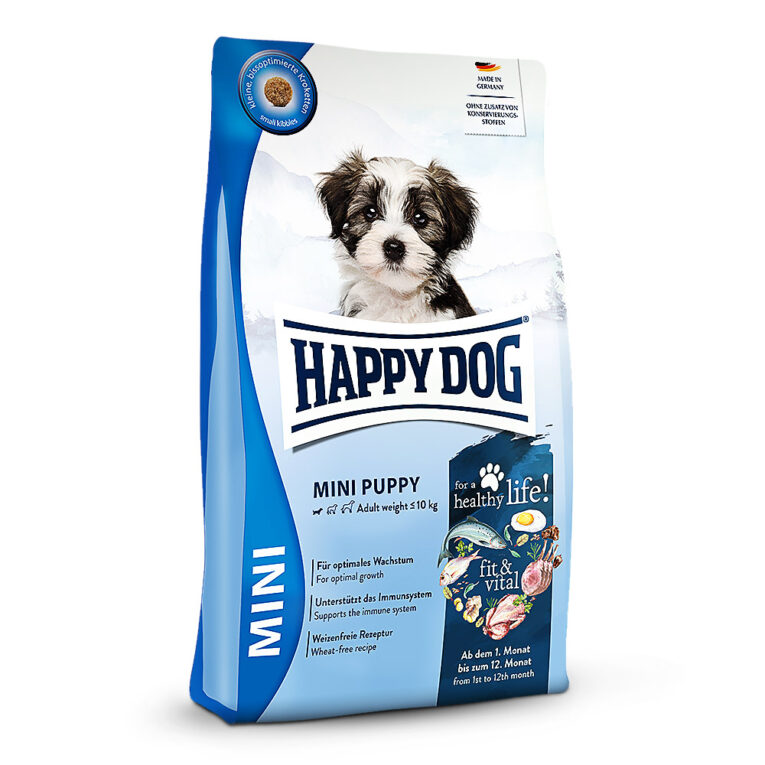 Happy Dog fit & vital Mini Puppy Happy Dog fit & vital Mini Puppy ist ideal abgestimmt auf die Bedürfnisse von Welpen ab dem 1. Lebensmonat und bis 10 kg Adultgewicht. Die leckere und vollwertige Vitalkost basiert auf dem einzigartigen Happy Dog Natural Life Concept® und unterstützt ein harmonisches Wachstum bis zum zwölften Lebensmonat. Damit dein Welpe unbeschwert in ein langes