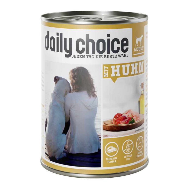 Mit Huhn Dank der hervorragenden Rezeptur von daily choice ist das Nassfutter mit Huhn ein echter Leckerbissen für Ihren Liebling. Die getreidefreie Mahlzeit enthält 70 % Fleisch und Innereien vom Lamm. Lammfleisch ist meist besser verträglich als Rind und wir gerne gefressen. Zudem wird strickt auf Getreide und Gluten verzichtet. Dies macht das Futter leicht verdaulich und gut bekömmlich. Leinöl zeichnet sich durch die enthaltenen mehrfach ungesättigten Omega-3-Fettsäuren aus