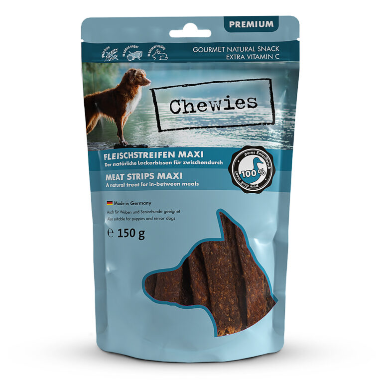 Chewies Fleischstreifen Maxi - Ente Chewies Fleischstreifen Maxi Ente bestehen aus gewolftem und schonend luftgetrocknetem Fleisch mit einem Extra an Vitamin C. Durch die besondere Herstellung bleiben die hochwertigen Nährstoffe des Fleisches nahezu vollkommen erhalten. Chewies Fleischstreifen und Fischstreifen sind eine leckere und gesunde Belohnung für zwischendurch. Sie werden in Deutschland hergestellt