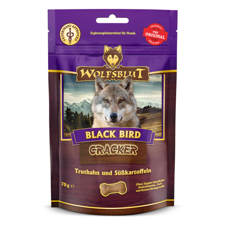 Wolfsblut Black Bird Cracker Snack mit Truthahn und Süßkartoffeln Wolfsblut Cracker sind Hundekekse ohne Getreide und ohne Gluten mit einem hohen Fleischanteil. Die Cracker enthalten ebenso keinen industriell hergestellten Zucker