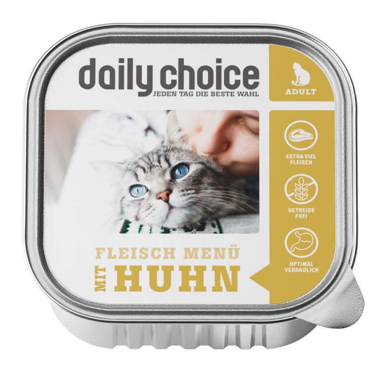 daily choice - Nassfutter - Fleischmenü mit Huhn (getreidefrei) Das Nassfutter Fleischmenü mit Huhn von daily choice im Überblick: 100% in Deutschland hergestellt Pures Fleisch und Innereien Mit hochwertigem Leinöl Hoher Fleischanteil (70%) Getreidefreie Rezeptur Optimale Verträglichkeit Ohne Tierversuche Ohne chemische Farb- und Konservierungsstoffe daily choice - Jeden Tag die beste Wahl. Das daily choice Nassfutter Fleischmenü mit Huhn liefert eine getreidefreie Mahlzeit mit purem Fleischgenuss in der praktischen 100g Schale. Durch einen besonders hohen Fleischanteil von 70% frischem Fleisch und Innereien bietet das Katzenfutter ein besonderes Geschmackerlebnis. Auf getreidehaltige Kohlehydrate wird dabei bewusst verzichtet