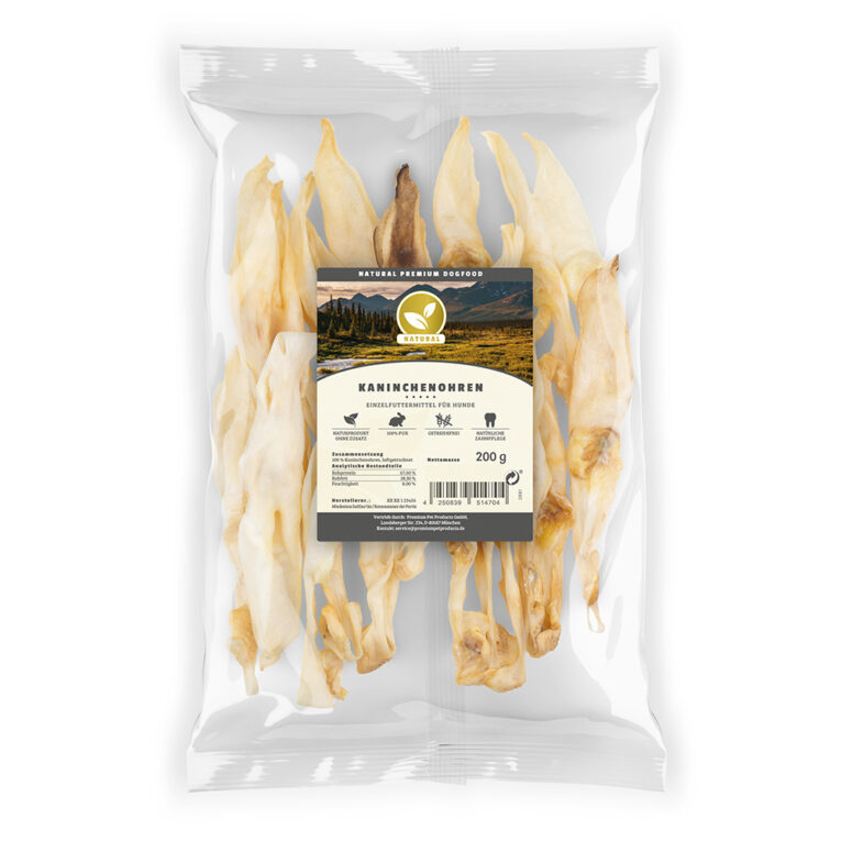 Natural - Kausnack - Kaninchenohren Kaninchenohren sind ein naturbelassener und fettarmer Kausnack aus 100% Kaninchenfleisch. Bei der sanften Trocknung der Ohren werden keinerlei Konservierungsstoffe hinzugefügt