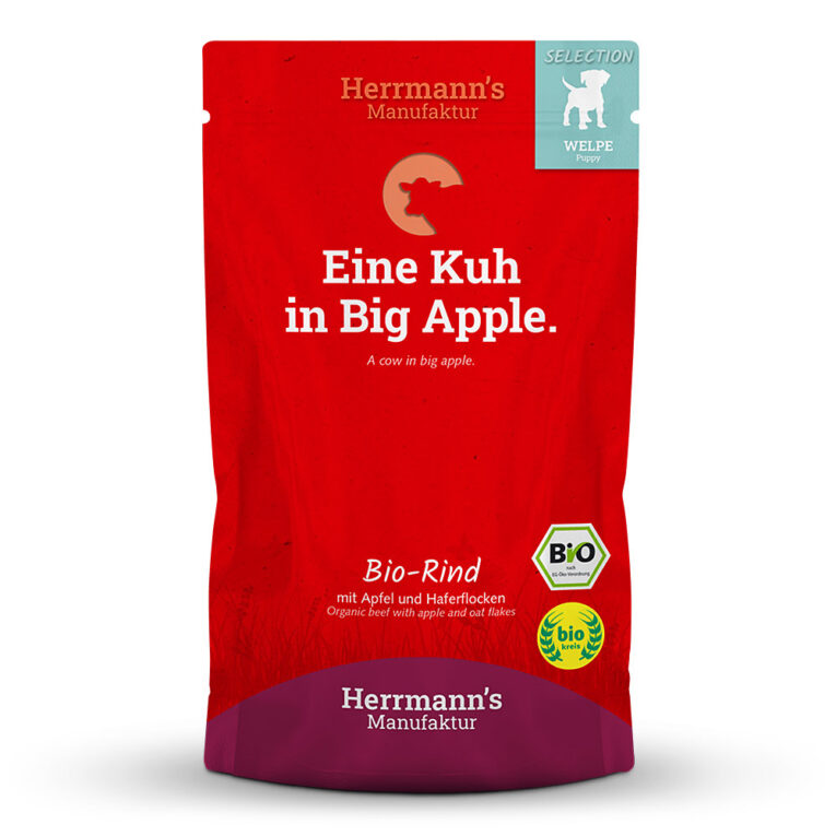 Bio Rind mit Apfel und Haferflocken Alleinfuttermittel für heranwachsene Hunde Was ist drin? 60 % Bio-Rind mit hochwertigen Proteinen für kleine Racker. Haferflocken bieten pflanzliches Protein