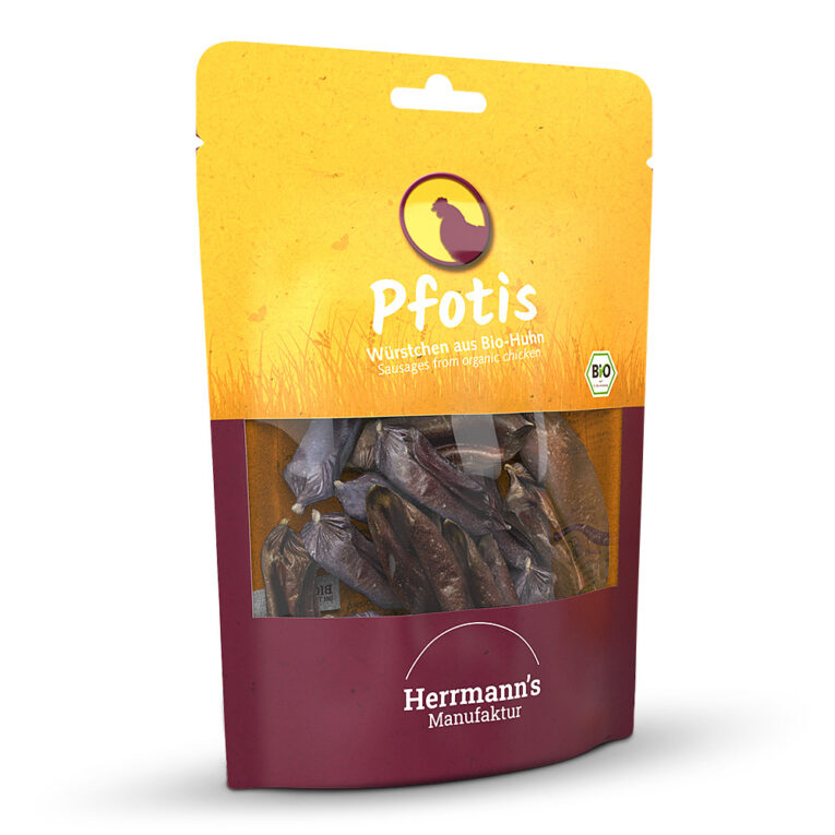 Herrmann's Pfotis Würstchen aus Bio-Huhn Was ist drin? 100 % reines Fleisch vom Bio-Huhn. Eine Prise Meersalz hält die Würstchen frisch. Für unsere Pfotis Bio-Huhn wurden 330 g Frischfleisch getrocknet. Ergänzungsfuttermittel für Hunde Für wen geeignet? Von Dackel bis Schäferhund und von Welpe bis Senior – diese Snacks liebt jeder Hund! Ganz nach unserer Philosophie haben wir die einzelnen Rezepturen sorgfältig entwickelt