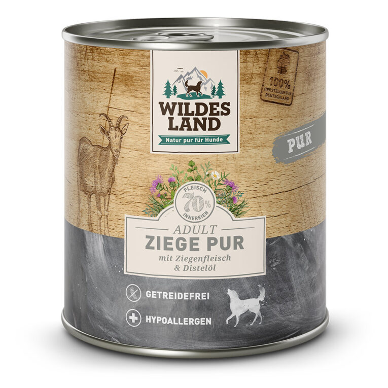 Wildes Land - Nassfutter - Ziege PUR mit Distelöl 800 g Für das Wohlbefinden Ihres Hundes ist eine ausgewogene Ernährung mit hochwertigen Proteinen unerlässlich. Das Nassfutter von Wildes Land basiert auf der Ursprünglichkeit und Kraft der Natur. Deshalb enthält die Sorte Truthahn Pur von Wildes Land kein Getreide und nur eine hochwertige Proteinquelle für eine artgerechte Ernährung. Mit einem Gesamtanteil an Muskelfleisch und Innereien von mehr als 70 % besitzt es eine ausgezeichnete Akzeptanz und Verträglichkeit. Ergänzt wird die Rezeptur nur mit wertvollem Distelöl - kombiniert nach den neuesten wissenschaftlichen Erkenntnissen. Mit dem Wildes Land Nassfutter Truthahn Pur wird Ihr Hund mit allen wichtigen Nährstoffen und Vitaminen versorgt