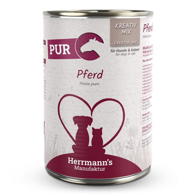 Herrmann’s Kreativ-Mix Pferd Reinfleisch Mit unserer Pur-Linie beim KREATIV-MIX setzen wir auf 100 Prozent Fleisch – immer bestehend aus fettarmen Muskelfleisch vom Pferd. Verwöhnen Sie Ihren Hund mit unserem hochwertigen BARF-Futter. Ohne künstliche Zusätze und Farbstoffe versorgt es ihren Vierbeiner mit allen wichtigen Nährstoffen für ein glückliches und gesundes Leben. Durch das ausgeklügelte Sortiment unseres Kreativ-Mixes für Hunde und Katzen können Sie die Ernährung Ihres Fellfreundes selbst zusammenstellen und somit die beste Basis für seine Gesundheit schaffen. Und das Beste daran ist: Sie können auch selbst kreativ werden und unser Futter mit hausgemachten Leckerbissen ergänzen! Geben Sie Ihrem Hund eine Ernährung