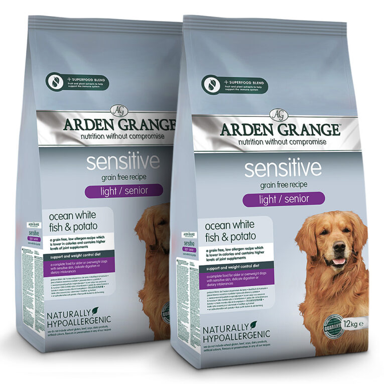 Arden Grange Light / Senior mit ozeanischem Weißfisch & Kartoffel getreidefrei Arden Grange Sensitive Light/Senior Weißfisch und Kartoffel ist ein ernährungsphysiologisch vollwertiges Trockenfutter
