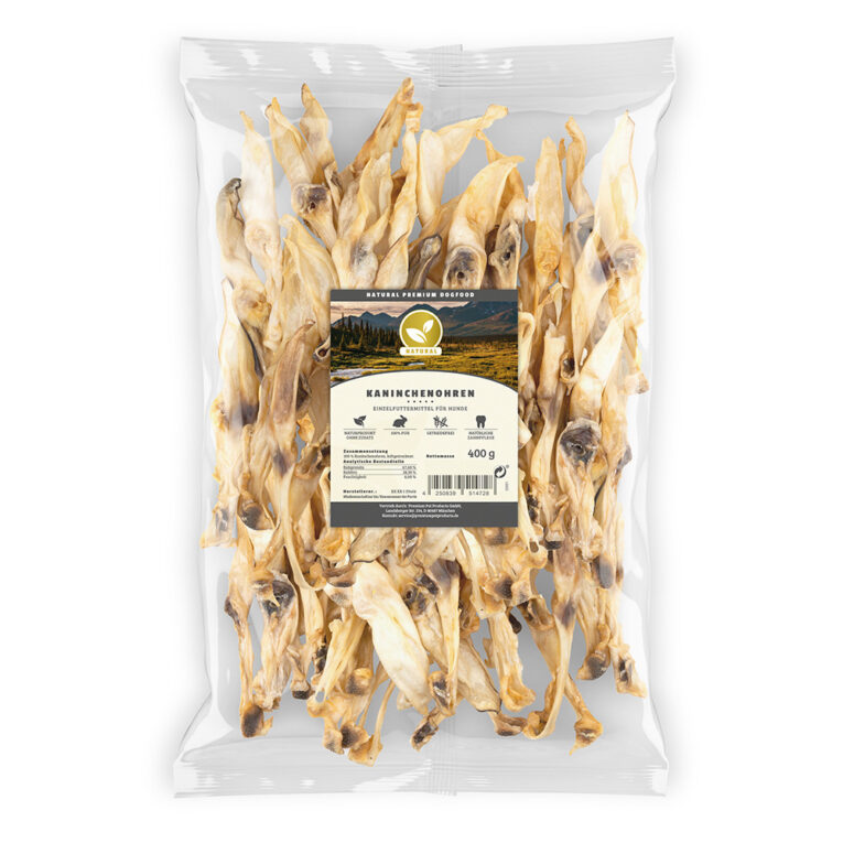 Natural - Kausnack - Kaninchenohren Kaninchenohren sind ein naturbelassener und fettarmer Kausnack aus 100% Kaninchenfleisch. Bei der sanften Trocknung der Ohren werden keinerlei Konservierungsstoffe hinzugefügt