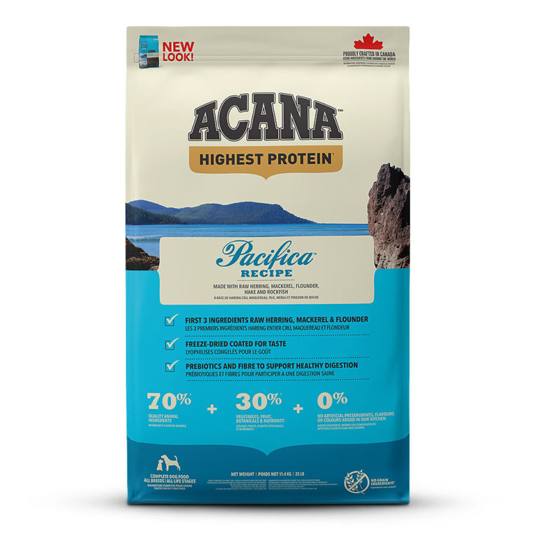 Acana Highest Protein Pacifica Dog Trockenfutter ist ein besonders schmackhaftes Trockenfutter für Hunde jeden Alters und jeder Rasse. Mit viel leckerem