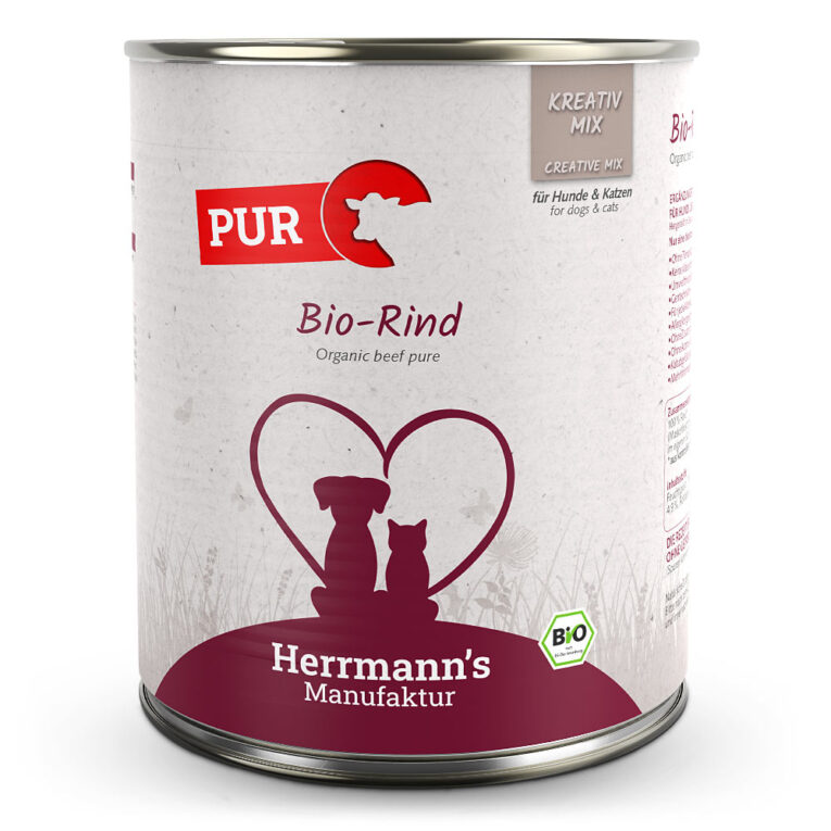 Herrmann’s Kreativ-Mix Bio Rind Reinfleisch Mit unserer Pur-Linie beim KREATIV-MIX setzen wir auf 100 Prozent Fleisch – immer bestehend aus Muskelfleisch und Innereien von Rind aus Biohaltung. Verwöhnen Sie Ihren Hund mit unserem hochwertigen BARF-Futter. Ohne künstliche Zusätze und Farbstoffe versorgt es ihren Vierbeiner mit allen wichtigen Nährstoffen für ein glückliches und gesundes Leben. Durch das ausgeklügelte Sortiment unseres Kreativ-Mixes für Hunde und Katzen können Sie die Ernährung Ihres Fellfreundes selbst zusammenstellen und somit die beste Basis für seine Gesundheit schaffen. Und das Beste daran ist: Sie können auch selbst kreativ werden und unser Futter mit hausgemachten Leckerbissen ergänzen! Geben Sie Ihrem Hund eine Ernährung