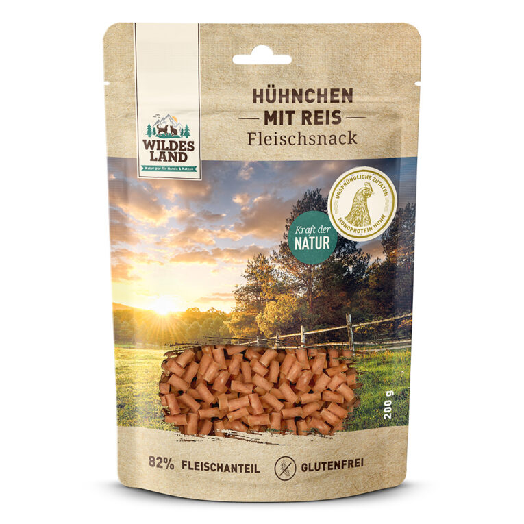 Wildes Land Hühnchen mit Reis Der Wildes Land Fleischsnack Hühnchen mit Reis basiert auf der Ursprünglichkeit und Kraft der Natur. Schonend luftgetrocknet hat der fleischige Snack eine eine ausgezeichnete Akzeptanz und Verträglichkeit bei Hunden und Katzen. Die praktische Größe des Fleischsnacks eignet sich ideal als artgerechte Belohnung sowohl für Ihren Hund oder Ihre Katze und gibt Ihnen die Möglichkeit