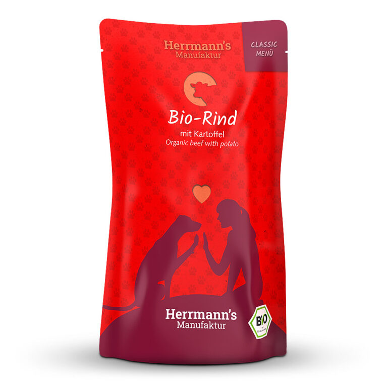 Herrmann's Classic Bio-Rind mit Kartoffel Was ist drin? 50 % mageres Bio-Rindfleisch mit einem hohen Anteil an Muskelfleisch. Der Apfel ist eine Nährstoff-Bombe mit über 30 Vitaminen