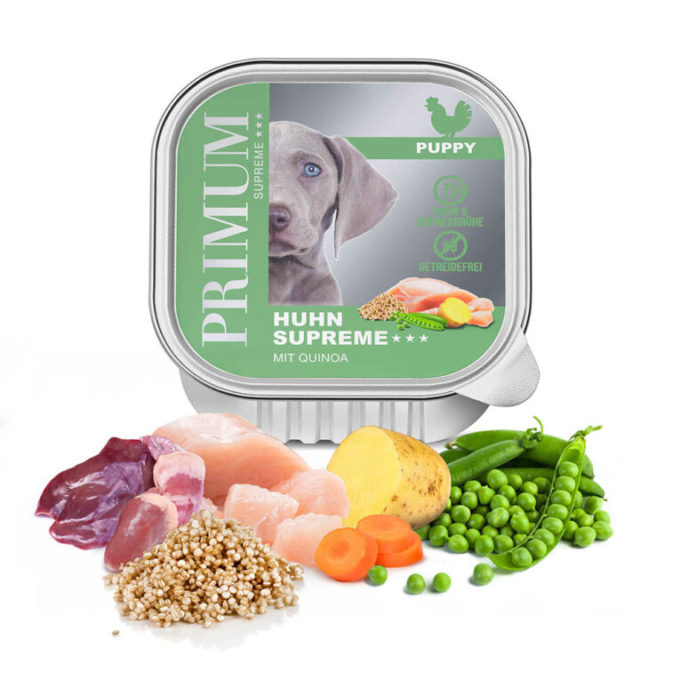 Puppy Huhn mit Quinoa Unser neues PRIMUM Supreme*** Nassfutter Puppy Huhn ist eine unwiderstehlich leckere Komposition aus erlesenen Zutaten und eine besondere Abwechslung im Hundenapf. Auf der Speisekarte stehen saftige Hühnerherzen
