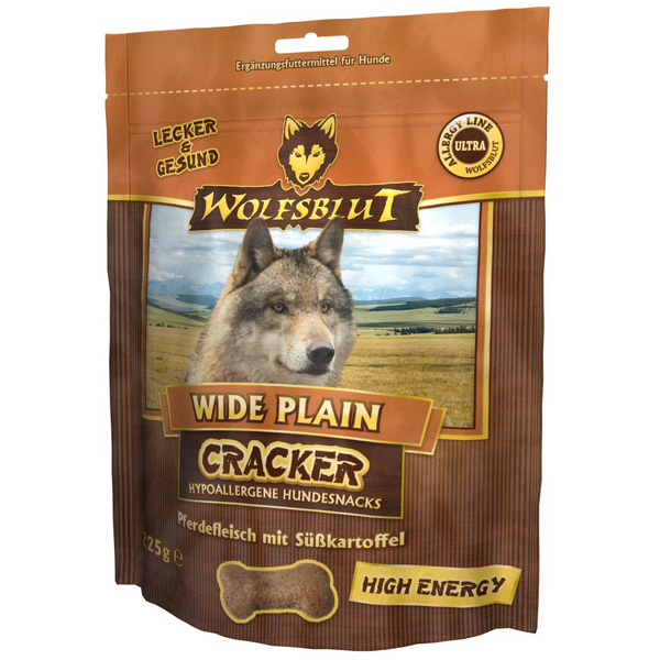 Wolfsblut - Hundekekse - Wide Plain Cracker High Energy (getreidefrei) Die zucker- und getreidefreien Wide Plain Cracker High Energy sind eine ideale Ergänzung zu dem Futter von Wolfsblut und bieten Ihnen die Möglichkeit Ihren Hund gesund und besonders energiegebend zu belohnen und auch unterwegs einen kleinen Snack anzubieten. Sie eignen sich besonders für Hunde die körperliche und geistige Höchstleistungen bringen und versorgen sie mit der dazu notwendigen Energie. Die Wolfsblut Hundekekse Wide Plain Cracker High Energy enthalten nur das Beste: Ein extra hoher Anteil an Pferdefleisch (58%) in Lebensmittelqualität und aus artgerechter Haltung von landwirtschaftlichen Betrieben