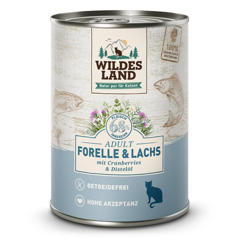 Wildes Land – Forelle und Lachs 6 x 185 g Für das Wohlbefinden Ihrer Katze ist eine ausgewogene Ernährung mit hochwertigen Proteinen unerlässlich. Das Nassfutter von Wildes Land basiert auf der Ursprünglichkeit und Kraft der Natur. Deshalb enthält die Sorte Forelle & Lachs von Wildes Land kein Getreide und nur hochwertige Proteinquellen sowie Cranberries für eine artgerechte Ernährung. Mit einem Gesamtanteil an Fisch von mehr als 68 % besitzt es eine ausgezeichnete Akzeptanz und Verträglichkeit. Ergänzt wird die Rezeptur nur mit ausgewählten Cranberries und wertvollem Distelöl - kombiniert nach den neuesten wissenschaftlichen Erkenntnissen. Mit dem Wildes Land Nassfutter Forelle & Lachs wird Ihre Katze mit allen wichtigen Nährstoffen und Vitaminen versorgt
