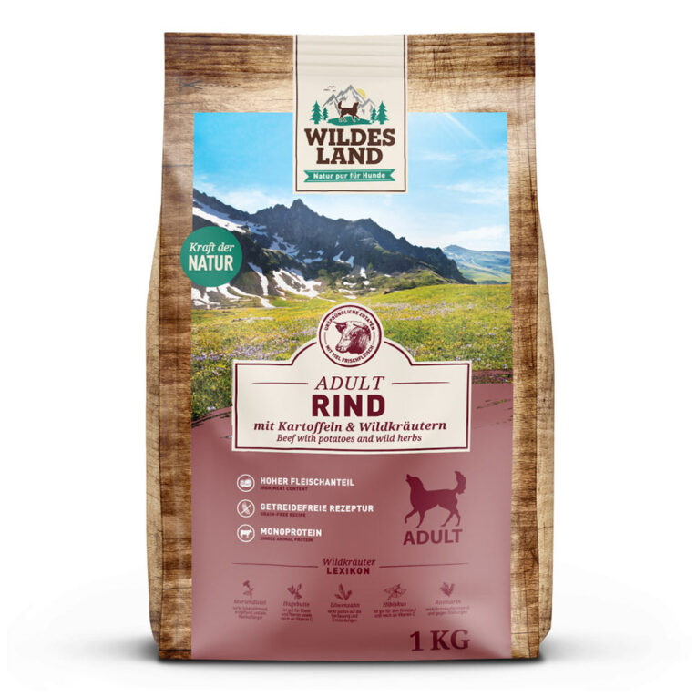 Wildes Land - Trockenfutter - Rind mit Kartoffeln und Wildkräutern (getreidefrei) Alleinfuttermittel für ausgewachsene Hunde Für das Wohlbefinden und die Gesundheit Ihres Hundes ist eine ausgewogene Ernährung unerlässlich. Das Trockenfutter Rind mit Kartoffeln & Wildkräutern von Wildes Land versorgt Ihren Hund