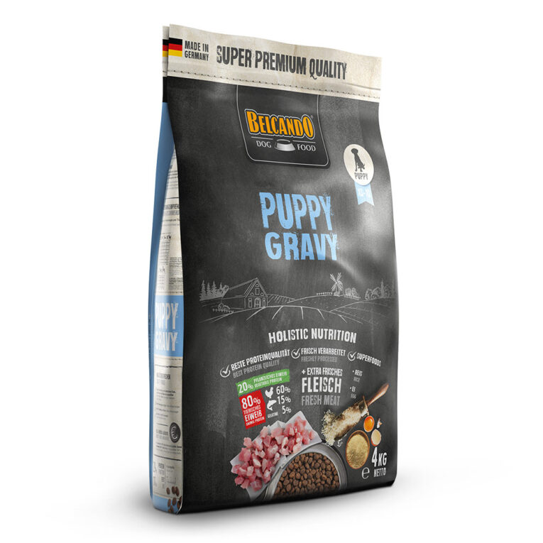 Belcando - Trockenfutter - Puppy Gravy Das Alleinfutter Belcando Puppy Gravy enthält leicht verdauliches schmackhaftes Geflügelfleisch. Bei der Herstellung wird 30% frisches Muskelfleisch verwendet
