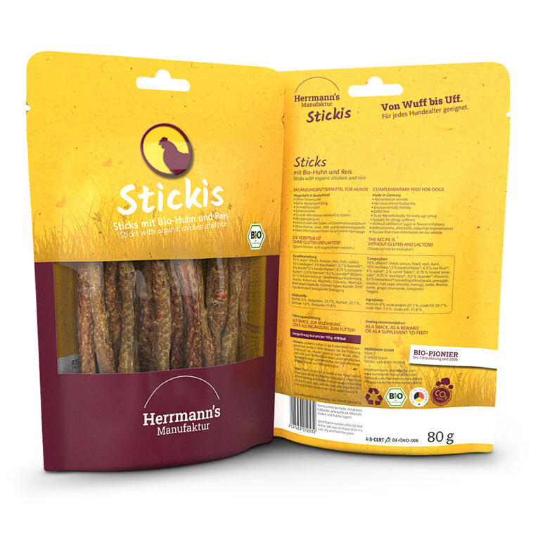 Herrmann's Stickis Bio Huhn mit Reis Was ist drin? 73 % Bio-Huhn