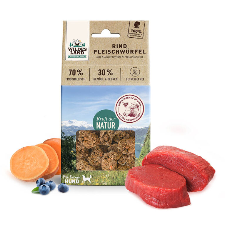 Fleischwürfel Rind 100 g Der Hundesnack Fleischwürfel Rind von Wildes Land zeichnet sich durch eine schmackhafte Rezeptur mit 70% frischem Rindfleisch