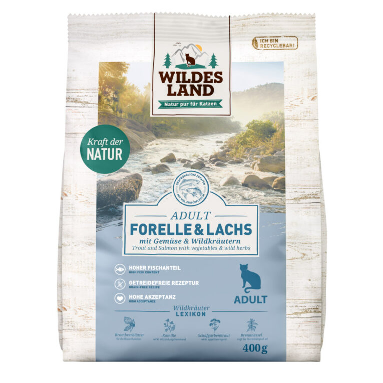 Trockenfutter Forelle & Lachs 3 x 400 g aus der Linie Classic Adult Alleinfuttermittel für ausgewachsene Katzen Für das Wohlbefinden und die Gesundheit Deiner Katze ist eine ausgewogene Ernährung mit hochwertigen Proteinen unerlässlich. Das Trockenfutter von Wildes Land basiert auf der Ursprünglichkeit und Kraft der Natur. Deshalb enthält die Sorte Forelle & Lachs von Wildes Land kein Getreide und nur hochwertige Proteinquellen sowie Gemüse und wertvolle Wildkräuter für eine artgerechte Ernährung. Mit einer großen Portion an frischem Lachs besitzt es eine ausgezeichnete Akzeptanz und Verträglichkeit. Ergänzt wird die Rezeptur mit feiner Forelle und gut verträglichen Erbsen – kombiniert nach den neuesten wissenschaftlichen Erkenntnissen. Zusätzlich fördern die ausgewählten