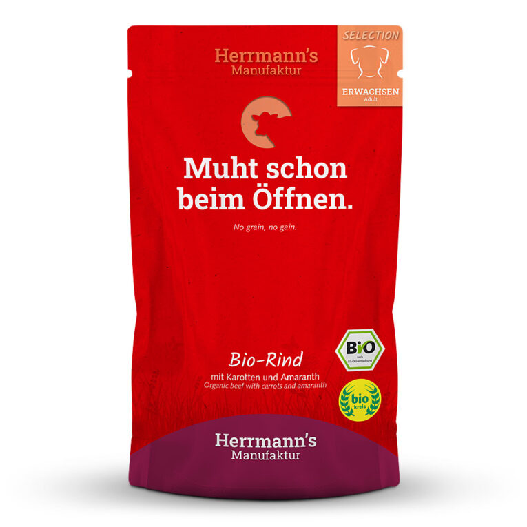 Bio Rind mit Karotten und Amaranth Alleinfuttermittel für ausgewachsene Hunde Was ist drin? 50 % Bio-Rind
