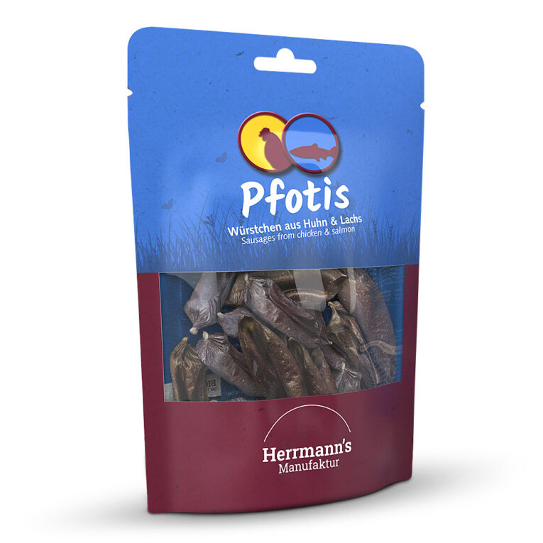 Herrmann's Pfotis Würstchen aus Huhn & Lachs Was ist drin? 70 % Bio-Huhn bestehend aus Muskelfleisch sowie Karkasse und Hälsen als Calciumquelle. 30 % Lachs bietet wichtige Omega-3-Fettsäuren. Meersalz und Rosmarin sind unsere "Frischhalter". Ergänzungsfuttermittel für Hunde Für wen geeignet? Von Dackel bis Schäferhund und von Welpe bis Senior – diese Snacks liebt jeder Hund! Ganz nach unserer Philosophie haben wir die einzelnen Rezepturen sorgfältig entwickelt