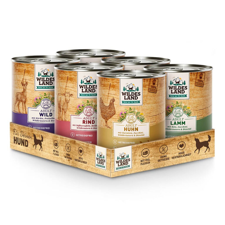 Wildes Land - Nassfutter - Probe-Paket für Hunde Das Probe-Paket 6 x 800g für den Hund von Wildes Land beinhaltet folgende Futtersorten: Rind mit Süßkartoffeln