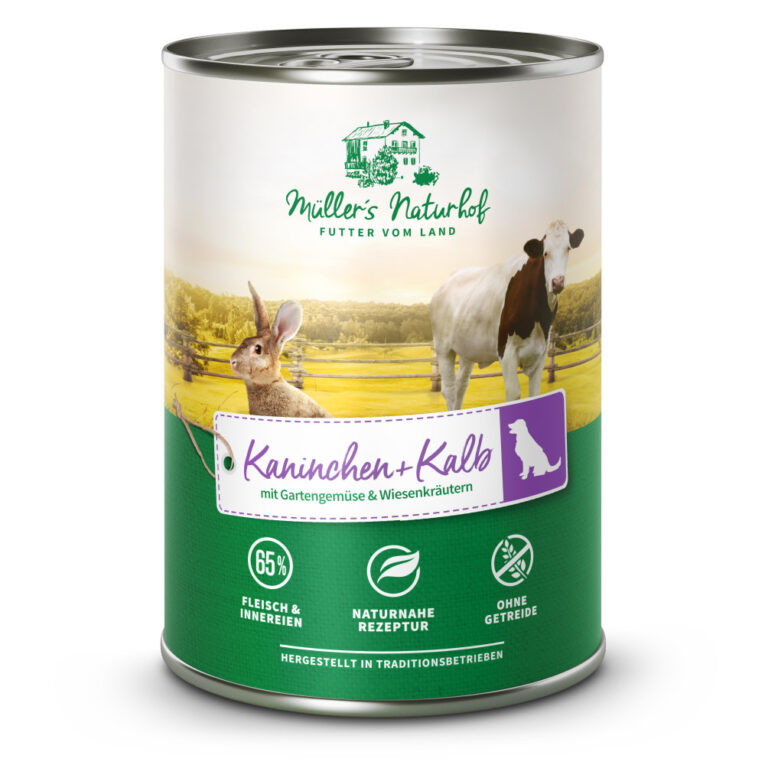 Müller’s Naturhof Kalb und Kaninchen mit Gartengemüse und Wiesenkräutern Das Nassfutter Müller’s Naturhof Kalb und Kaninchen mit Gartengemüse und Wiesenkräutern ist ein qualitativ hochwertiges Alleinfuttermittel für Hunde aller Rassen. Die ausgewogene