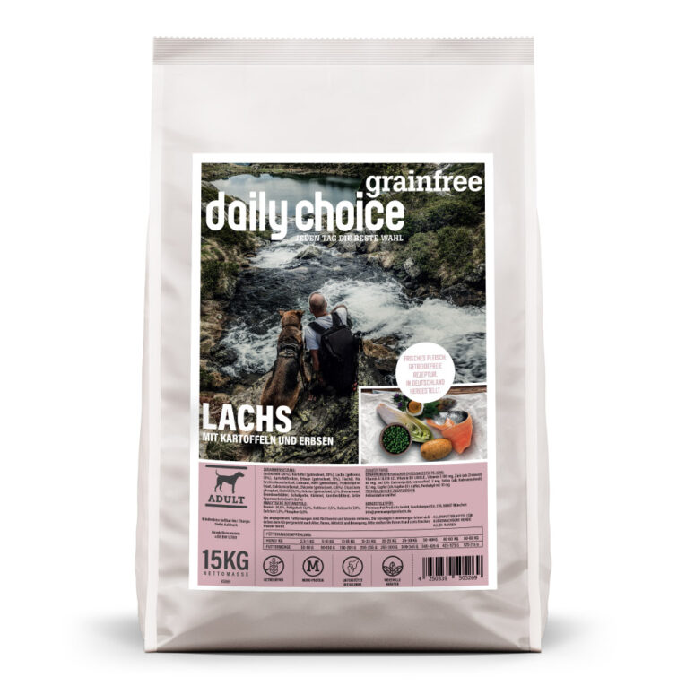 daily choice - Trockenfutter - Grainfree Lachs mit Kartoffeln und Erbsen (getreidefrei)      Das Trockenfutter im Überblick:    * Getreidefreie Rezeptur mit Kartoffel  * Monoproteinfutter  * 35% Lachs  * Kräuter mit entzündungshemmender Wirkung  * Chicorée für eine optimale Verdaulichkeit  * Grünlippmuschel zur Unterstützung der Gelenke  * 100% in Deutschland hergestellt  * Alleinfuttermittel für Hunde aller Rassen   Das Trockenfutter daily choice Grainfree Lachs mit Kartoffeln und Erbsen überzeugt aufgrund des Verzichtes auf getreidehaltige Kohlenhydrate und dem Einsatz von nur einer Proteinquelle durch eine hohe Akzeptanz und gute Verträglichkeit. Zudem ist es auch für Allergiker geeignet. Erbsen und Chicorée liefern wertvolle Eiweiße und können die Verdauung positiv beeinflussen. Zudem wirkt das Extrakt der neuseeländischen Grünlippmuschel unterstützend auf die Gelenke. Die Zugabe wertvoller Kräuter wie Brennnessel