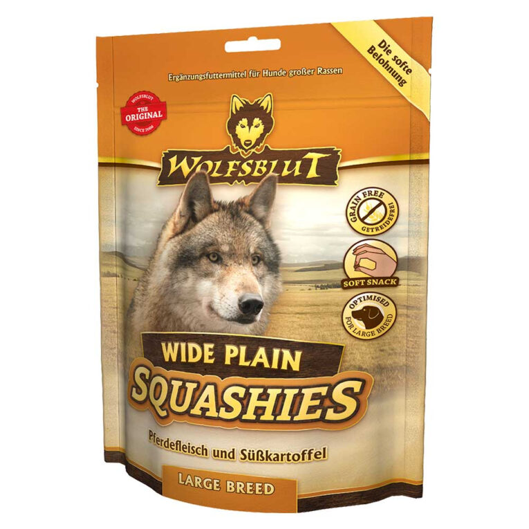 Wolfsblut – Softsnacks - Squashies Wide Plain Large Breed (getreidefrei)    Squashies Wide Plain Large Breed von Wolfsblut sind super softe und leckere Hundesnacks für ausgewachsene Hunde großer Rassen. Hauptbestandteil der schmackhaften Leckerlies ist Fleisch von Pferden