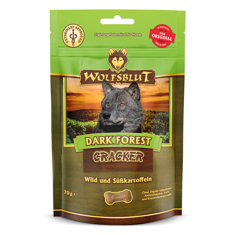 Dark Forest Cracker Snack mit Wild und Süßkartoffeln Wolfsblut Cracker sind Hundekekse ohne Getreide mit einem hohen Fleischanteil. Die Cracker enthalten ebenso keinen industriell hergestellten Zucker