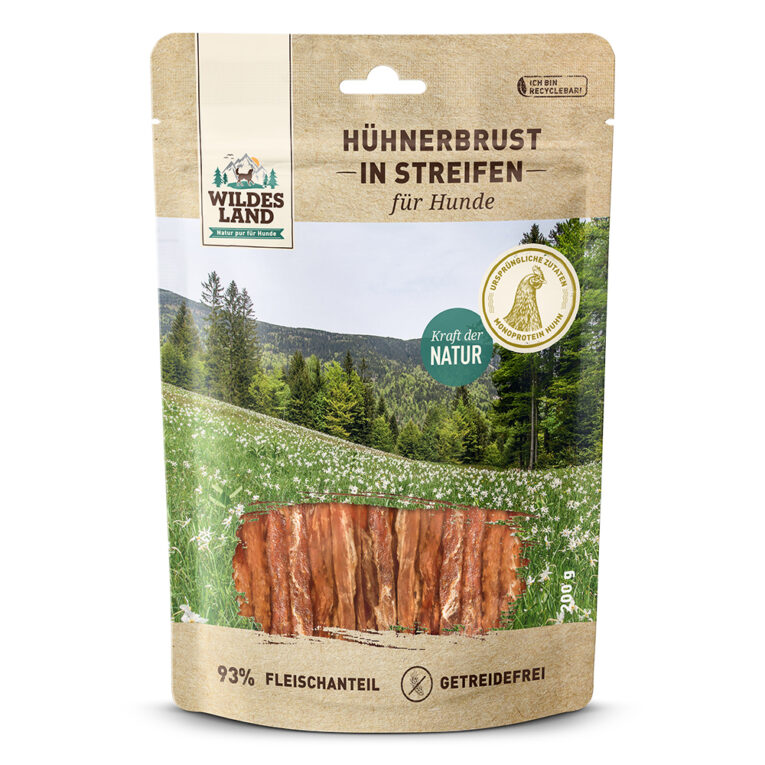 Hühnerbrust in Streifen Ergänzungsfuttermittel für Hunde Der Wildes Land Fleischsnack Hühnerbrust in Streifen basiert auf der Ursprünglichkeit und Kraft der Natur. Schonend luftgetrocknet hat das magere Hühnerbrustfilet eine ausgezeichnete Akzeptanz und Verträglichkeit bei Hunden. Als ganze Streifen oder in Stückchen zerkleinert ist dieser getreidefreie Snack eine ideale artgerechte Belohnung für das Training oder zwischendurch und gibt Ihnen die Möglichkeit