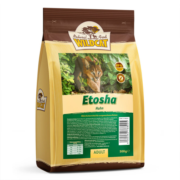 Wildcat Trockenfutter Etosha (getreidefrei) Auf einen Blick: 69 % hochwertige tierische Zutaten und Frischfleisch für den Fleischfresser Katze Getreidefreie Rezeptur Hohe Akzeptanz und Verträglichkeit durch 39 % hochwertiges Rohprotein und kohlenhdyratarme Rezeptur Nur eine tierische Proteinquelle Einzigartige Kombination kraftvoller