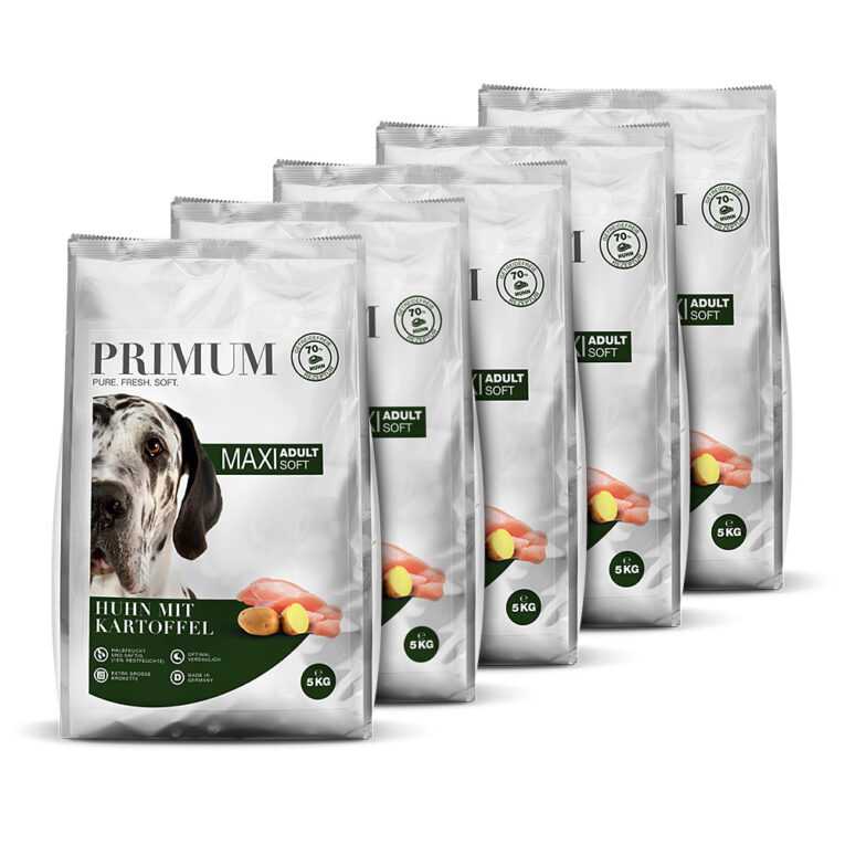 PRIMUM - Trockenfutter - Soft MAXI Huhn mit Kartoffel (getreidefrei) Das schmackhafte Trockenfutter Soft MAXI Huhn mit Kartoffel von PRIMUM wird mit extra viel Frischfleisch vom Huhn langsam und schonend verarbeitet. Durch das bewährte Herstellungsverfahren werden alle Nährstoffe noch besser zur Verfügung gestellt. Das besonders saftige Trockenfutter enthält extra viel Feuchtigkeit. Dadurch sind die Kroketten weich und außergewöhnlich geschmacksintensiv. Die Rezeptur von PRIMUM Soft Hundefutter MAXI Huhn mit Kartoffel besteht aus frischem Hünchenfleisch als einzige tierische Proteinquelle und verzichtet vollständig auf Getreide. So ist das Trockenfutter auch ideal für Hunde mit Futtermittelunverträglichkeiten und Allergien geeignet. Die Kroketten-Größe von 20 mm wurde extra an Hunde größerer Rassen angepasst