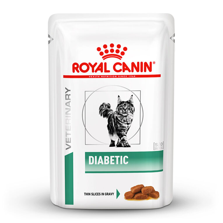 Royal Canin Veterinary Diet - Nassfutter - Diabetic Feine Stückchen in Soße Alleinfuttermittel für Katzen zur Regulierung der Glucoseversorgung (Diabetes mellitus). EMPFOHLEN FÜR: Diabetes mellitus bei einem Body Condition Sore (BCS) von ≤ 6/9 Diabetes mellitus bei einem Body Condition Score ≥7/9 bis zur konstanten Einstellung des Blutzuckerspiegels NICHT GEEIGNET BEI: Wachstum