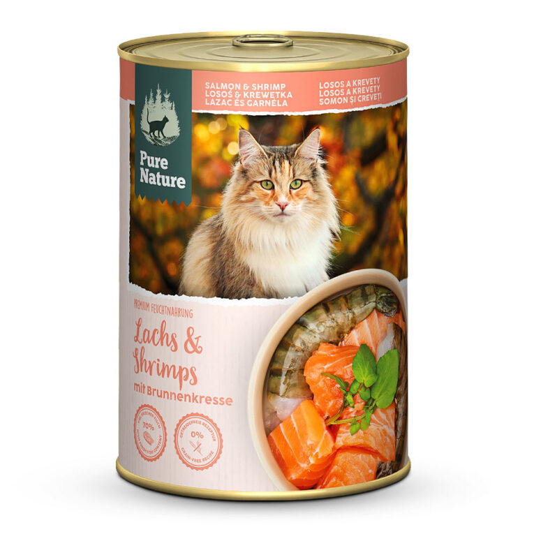 PureNature Adult Lachs & Shrimps Nassfutter Natürliches Alleinfuttermittel für ausgewachsene Katzen. Das Nassfutter Adult Lachs & Shrimps von PureNature im Überblick: Premium Feuchtnahrung Natürliches Alleinfuttermittel für ausgewachsene Katzen 70 % Fleischanteil (64 % Lachs