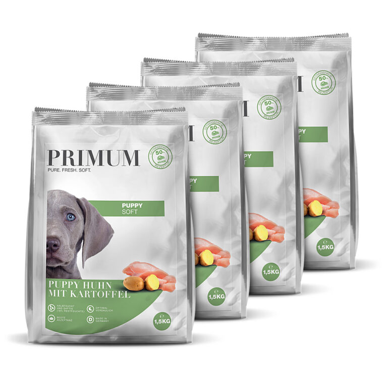 PRIMUM - Trockenfutter - Soft Puppy Huhn mit Kartoffel (getreidefrei) Das schmackhafte Trockenfutter Soft Puppy Huhn mit Kartoffel von PRIMUM ist auf die speziellen Bedürfnisse von Jungehunden ab der 8. Lebenswoche abgestimmt . Es wird mit extra viel Frischfleisch langsam und schonend verarbeitet. Durch das bewährte Herstellungsverfahren werden alle Nährstoffe noch besser zur Verfügung gestellt. Das besonders saftige Trockenfutter enthält extra viel Feuchtigkeit. Dadurch sind die Kroketten weich und außergewöhnlich geschmacksintensiv. Die Rezeptur von PRIMUM Soft Hundefutter Puppy Huhn mit Kartoffel besteht aus frischem Hühnchenfleisch als einzige tierische Proteinquelle und verzichtet vollständig auf Getreide. So ist das Trockenfutter auch ideal für Welpen mit Futtermittelunverträglichkeiten und Allergien geeignet. Als hochqualitative Vollnahrung enthält das semi moist Hundefutter alle wichtigen Nährstoffe und Vitamine und ist somit ideal für eine ganzheitliche und bewusste Hundeernährung. Mit feinem Hühnchenfleisch