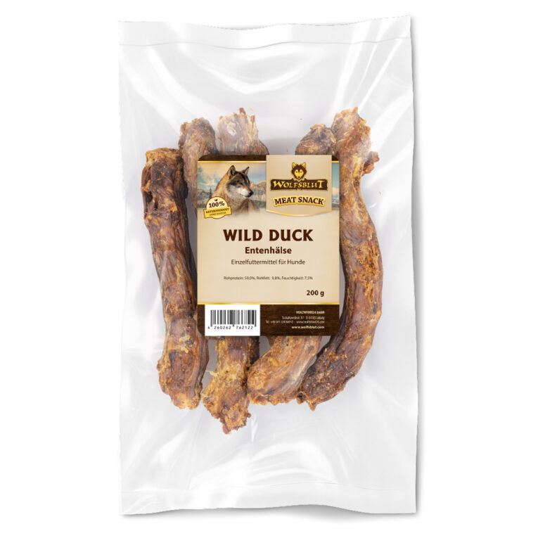 Wolfsblut Kauartikel - Wild Duck Entenhälse Der fettarme Kausnack Wild Duck Entenhälse ist naturbelassen und besteht aus reiner Ente. Durch die schonende Trocknung erhält Ihr Vierbeiner einen garantiert lang anhaltenden Kauspaß. Zudem ist der Snack leicht verdaulich und auch für sensible