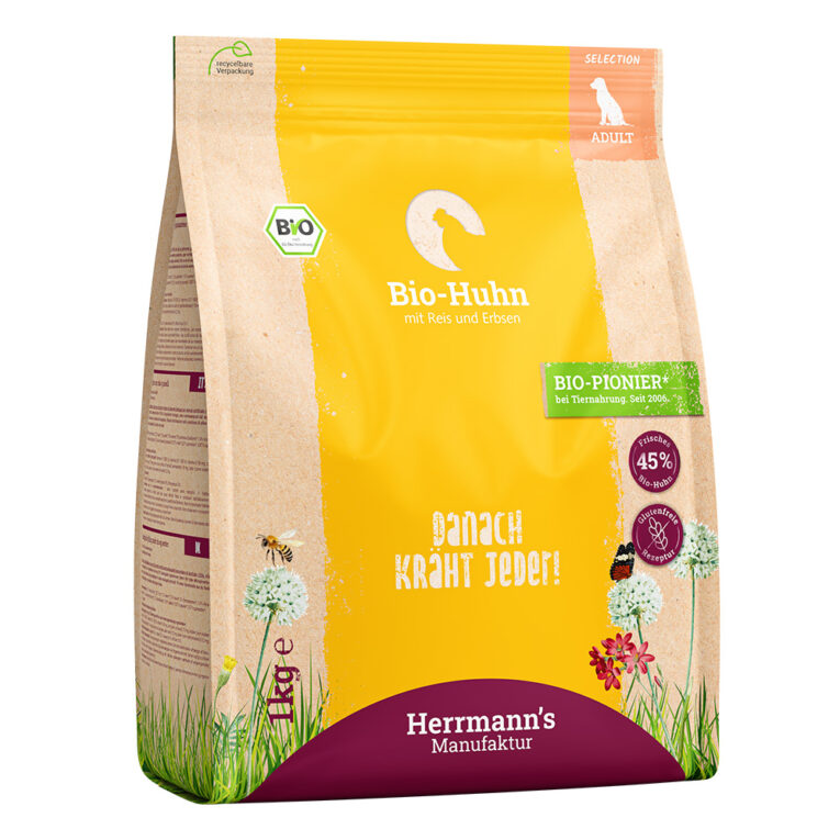 Herrmann's Bio-Huhn mit Reis & Erbsen Jetzt endlich auch als Trockenfutter! Unser Herrmann's Selection Bio-Huhn mit Reis und Erbsen ist als Alleinfuttermittel ideal für ausgewachsene Hunde geeignet. Was ist drin? Als Proteinquelle sind 45 % frisches Bio-Huhn enthalten