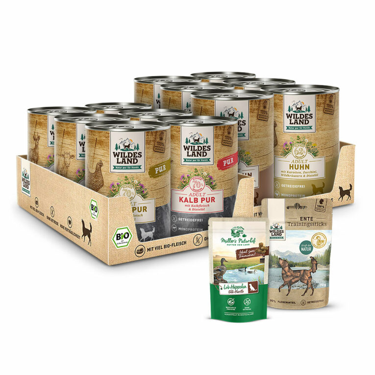 Nassfutter & Snacks Probierpaket Jetzt können Sie die köstlichen Hundefutteroptionen von Wildes Land entdecken. Das Probierpaket zur individuellen Zusammenstellung bietet eine ideale Möglichkeit