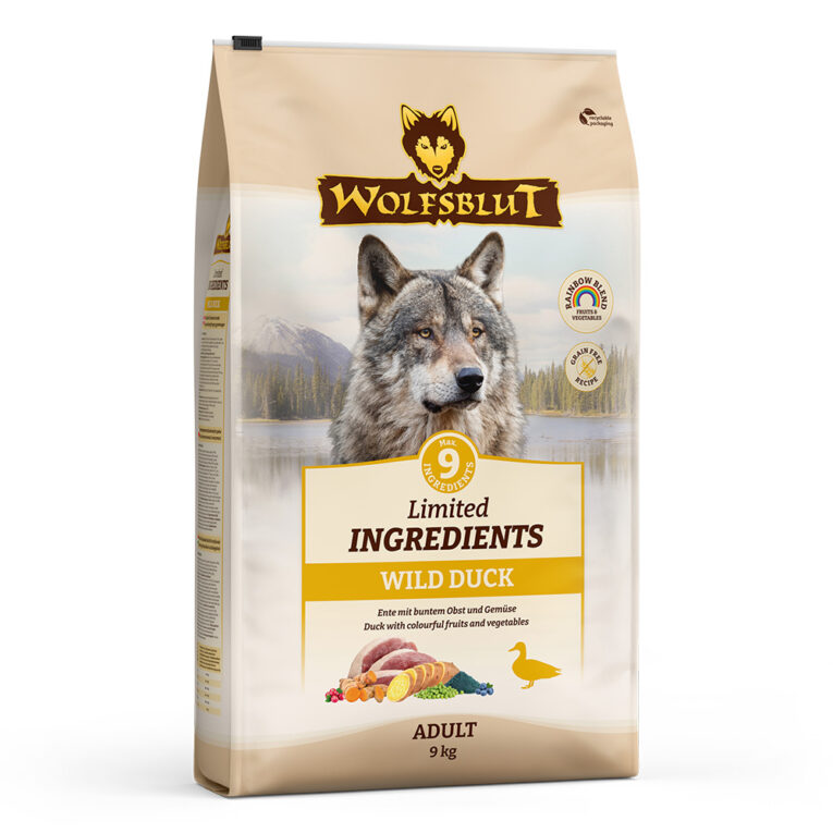 WOLFSBLUT Limited INGREDIENTS WILD DUCK ADULT WOLFSBLUT Limited INGREDIENTS Trockenfutter: Begrenzt auf 9 Zutaten für ernährungssensitive Hunde – und auch für alle anderen! Willkommen in der Welt von WOLFSBLUT WILD DUCK ADULT Limited INGREDIENTS – dem Trockenfutter