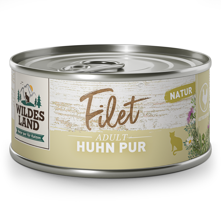Wildes Land Filet Huhn Pur Ergänzungsfuttermittel für Katzen Verwöhne Deine Katze mit purer Vielfalt im Napf! Unser hochwertiges Wildes Land Filet Nassfutter bietet jedem Feinschmecker unter den Samtpfoten ein exquisites Geschmackserlebnis. Das Filet Huhn Pur besteht aus naturbelassenem Hühnerbrustfilet