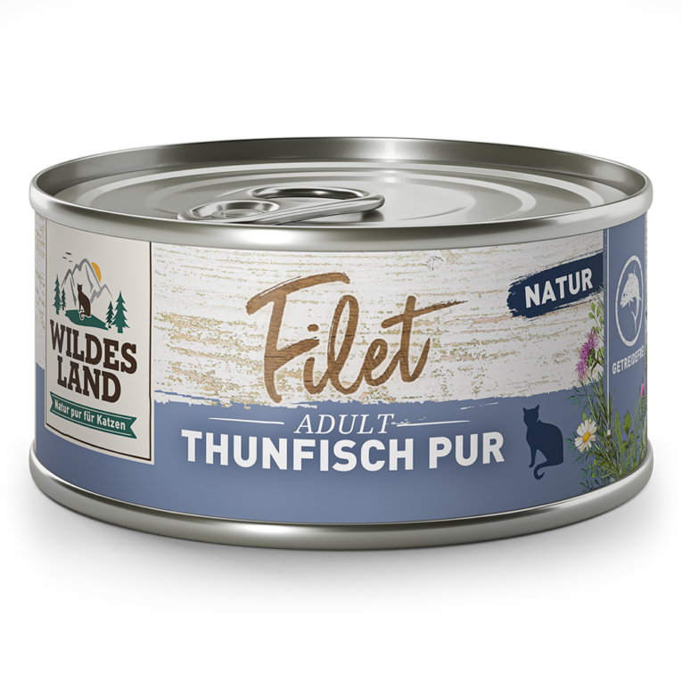 Wildes Land Filet Thunfisch Pur Ergänzungsfuttermittel für Katzen Verwöhne Deine Katze mit purer Vielfalt im Napf! Unsere hochwertigen Wildes Land Filet Nassfutter bietet jedem Feinschmecker unter den Samtpfoten ein exquisites Geschmackserlebnis. Das Filet Thunfisch Pur besteht aus naturbelassenem Thunfischfilet