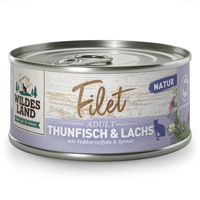 Wildes Land Filet Thunfisch & Lachs mit Süßkartoffeln & Spinat Ergänzungsfuttermittel für Katzen Verwöhne Deine Katze mit purer Vielfalt im Napf! Unsere hochwertigen Wildes Land Filet Nassfutter bietet jedem Feinschmecker unter den Samtpfoten ein exquisites Geschmackserlebnis. Das Filet Thunfisch & Lachs mit Süßkartoffeln & Spinat enthält naturbelassenes Thunfischfilet und feines Lachsfilet
