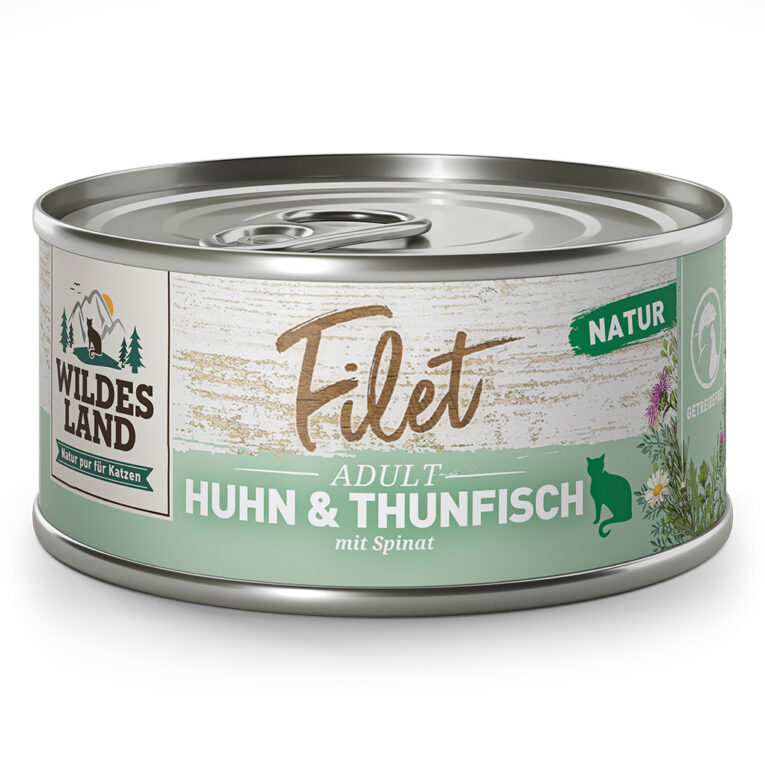 Wildes Land Filet Huhn & Thunfisch mit Spinat Verwöhnen Sie Ihre Katze mit purer Vielfalt im Napf! Unsere hochwertigen Wildes Land Filet Nassfutter bietet jedem Feinschmecker unter den Samtpfoten ein exquisites Geschmackserlebnis. Das Filet Huhn & Thunfisch mit Spinat enthält naturbelassenes Hühnerbrustfilet und feines Thunfischfilet