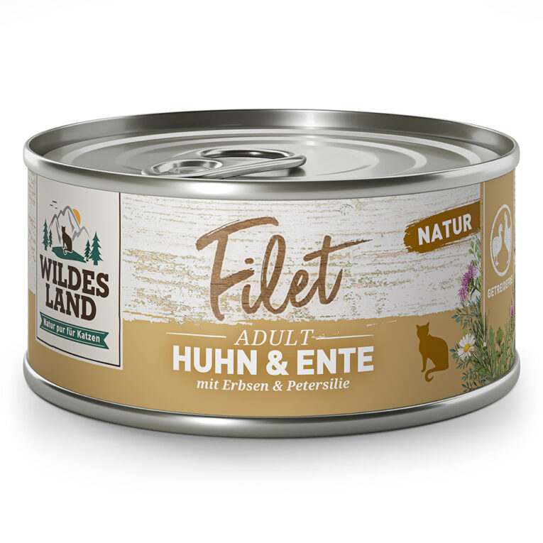 Wildes Land Filet Huhn & Ente mit Erbsen & Petersilie Verwöhnen Sie Ihre Katze mit purer Vielfalt im Napf! Unsere hochwertigen Wildes Land Filet Nassfutter bietet jedem Feinschmecker unter den Samtpfoten ein exquisites Geschmackserlebnis. Das Filet Huhn & Ente mit Erbsen und Petersilie enthält naturbelassenes Hühnerbrustfilet und feines Entenbrustfilet